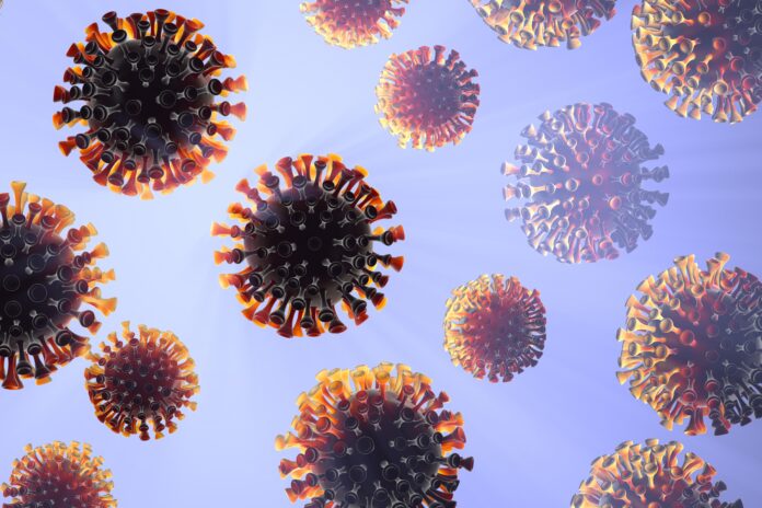Coronavirus molecules distributed over the frame field. Microscopic photography. The concept of the epidemic virus infection and the risk of life. Care of health. 3D illustration of cells κρούσματα